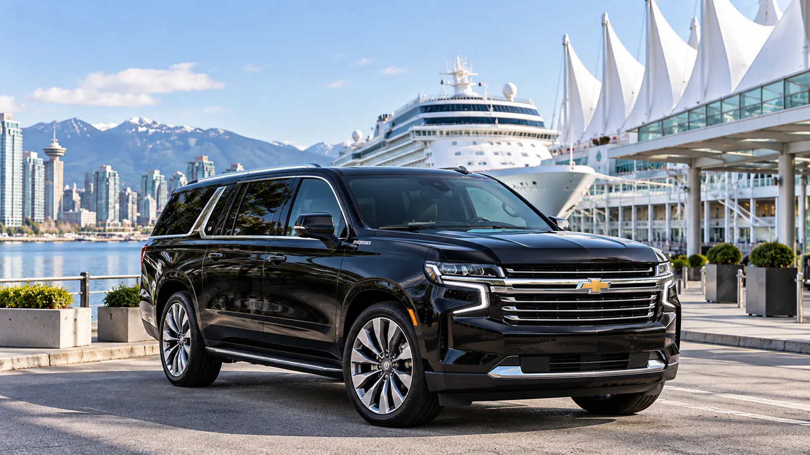 Chevrolet Suburban for a Canada Place cruise transfer with a cruise ship and Vancouver waterfront in the background