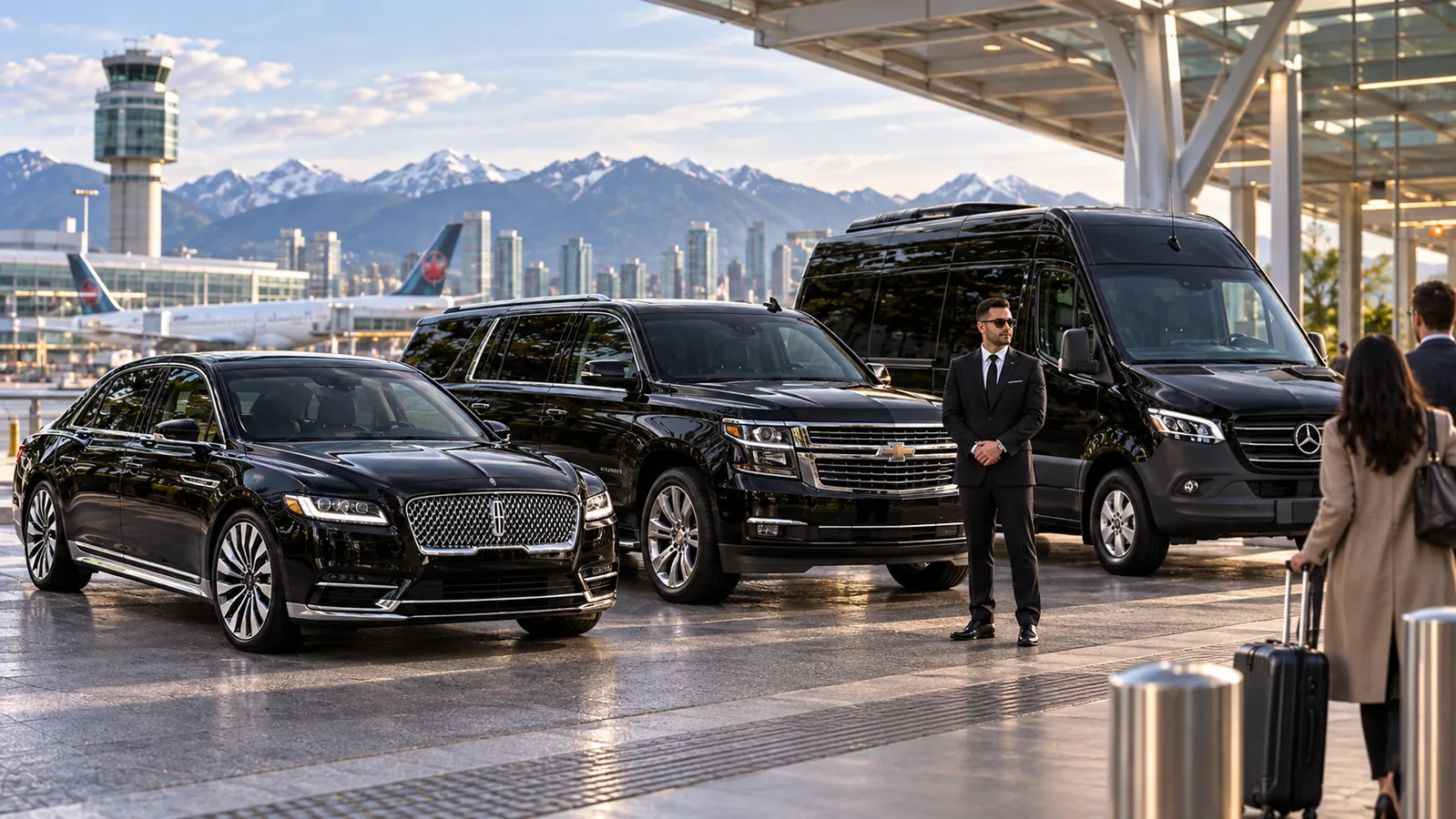 Lincoln Continental, Chevrolet Suburban and Mercedes Sprinter with a professional chauffeur for Vancouver airport transportation