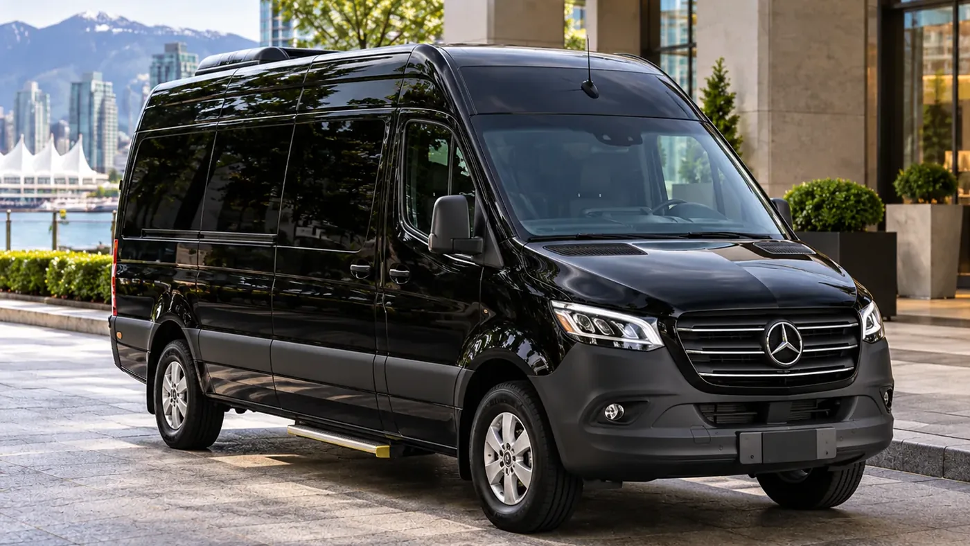 Black Mercedes Sprinter passenger van for chauffeured group transportation in Vancouver